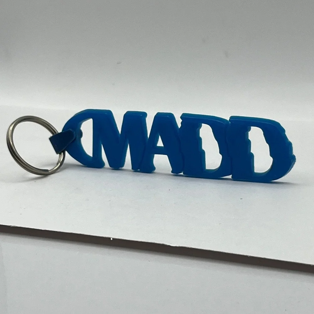 Vintage MADD Keychain Blue Rubber Mothers Against Drunk Driving‎ Awareness Logo